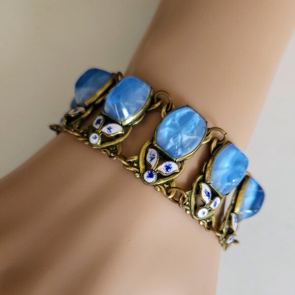Vintage Dot and Leaf Enamel and Blue Glass Faux Star Sapphire Bracelet - Picture 1 of 9